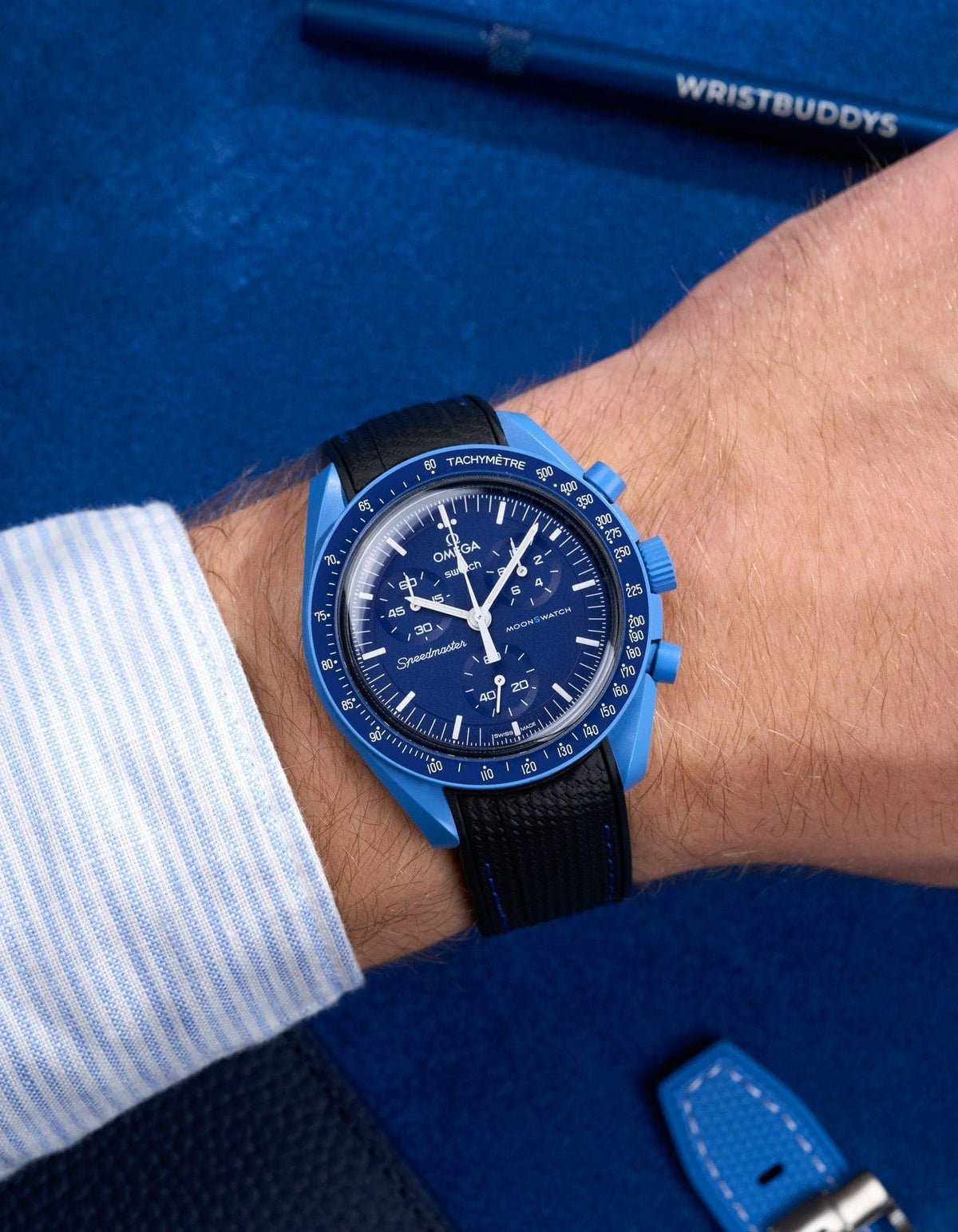 Curved Vertech Rubber Strap - Black & Blue Stitches - OM Luxury